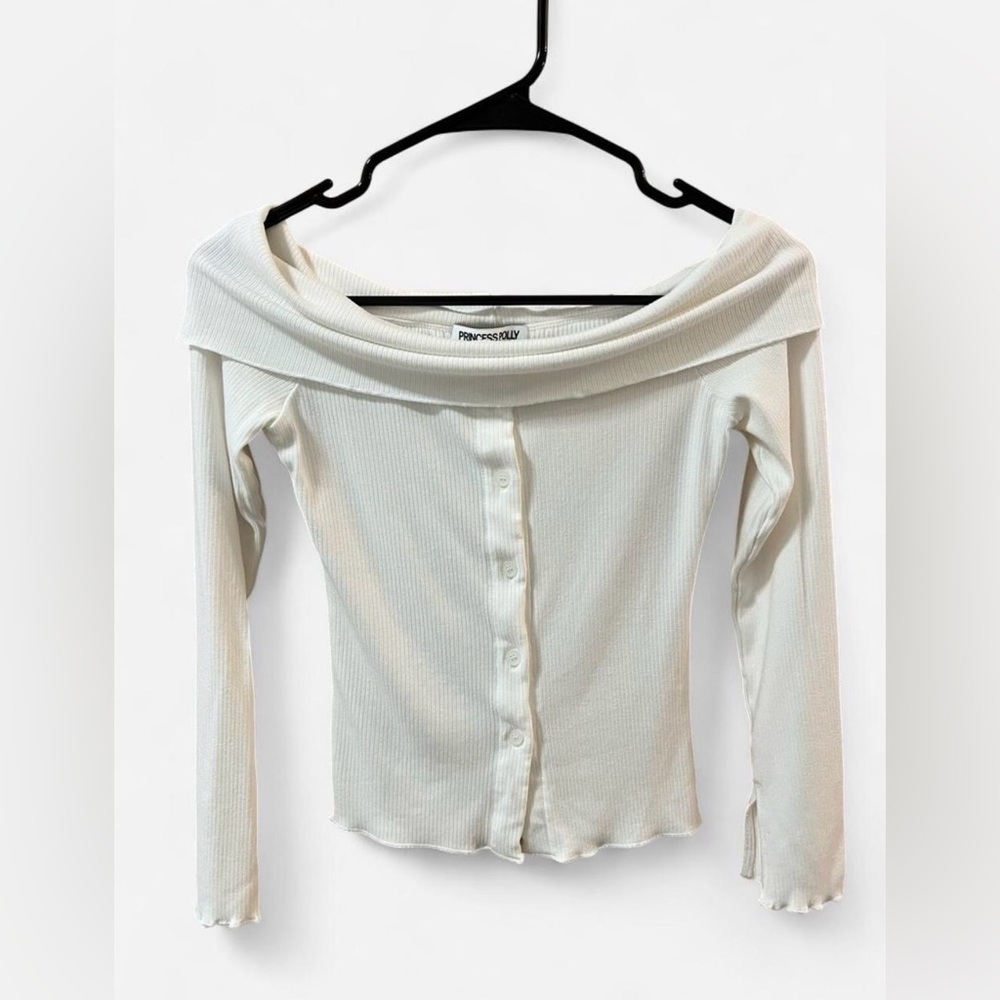 Princess Polly Off-the-Shoulder White Ribbed Button-Up Sweater Women’s XS / 2 - Picture 4 of 8